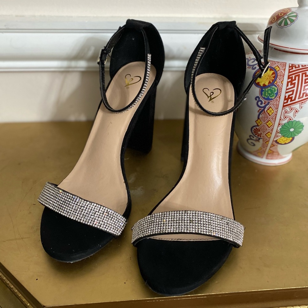 Black Rhinestone Strap Mid Heeled Sandals
